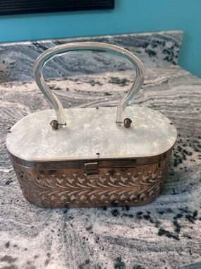 Vintage Gold-Tone Basketweave Clutch with Pearlized White Top and Clear Handle